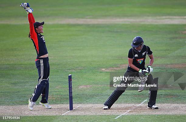 Sarah Taylor of England celebrates catching Liz Perry of New Zealand, off the bowling of Arran Brindle during the NatWest Women's Quadrangular Series...