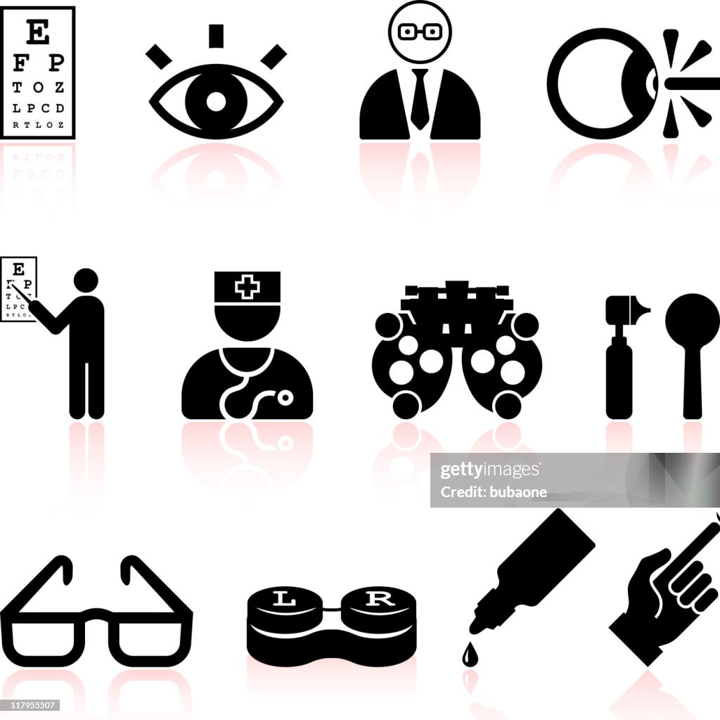 Eye exam and optometry black & white vector icon set