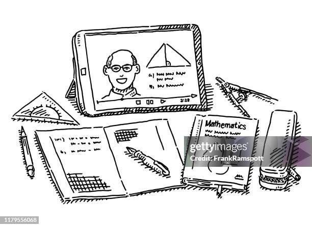 modern learning utensils tablet computer drawing - set square stock illustrations