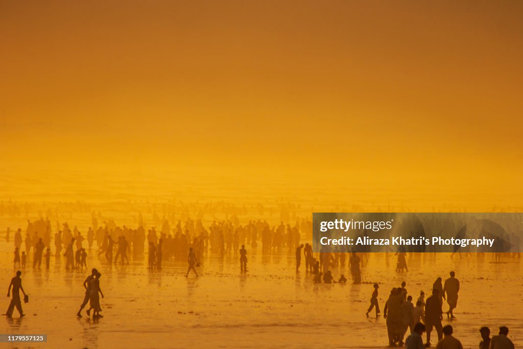 Crowded sunset silhouette