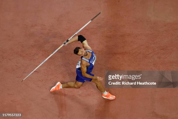 Magnus Kirt of Estonia competes in the Men's Javelin final during day ten of 17th IAAF World Athletics Championships Doha 2019 at Khalifa...