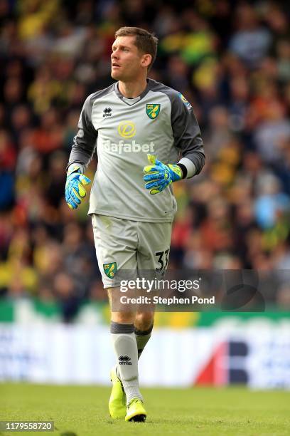 Michael McGovern of Norwich City during the Premier League match between Norwich City and Aston Villa at Carrow Road on October 05, 2019 in Norwich,...