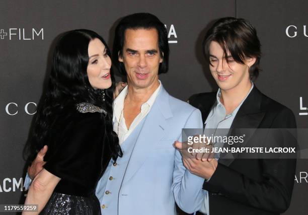 Musician Nick Cave with his wife Susie Bick and son Earl Cave arrive for the 2019 LACMA Art+Film Gala at the Los Angeles County Museum of Art in Los...