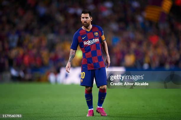 Lionel Messi of FC Barcelona looks on during the Liga match between FC Barcelona and Sevilla FC at Camp Nou on October 06, 2019 in Barcelona, Spain.