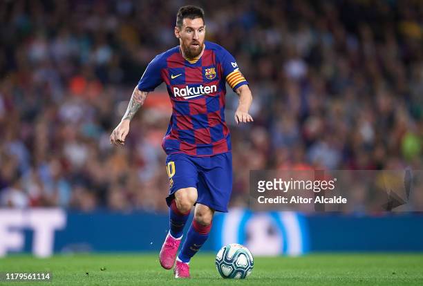 Lionel Messi of FC Barcelona in action during the Liga match between FC Barcelona and Sevilla FC at Camp Nou on October 06, 2019 in Barcelona, Spain.