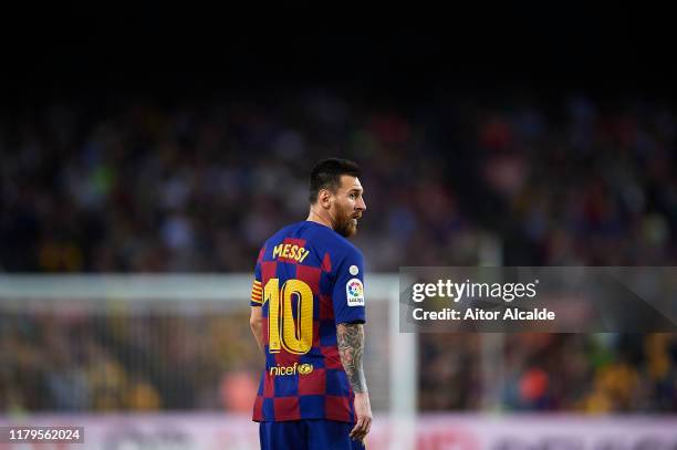 Lionel Messi of FC Barcelona looks on during the Liga match between FC Barcelona and Sevilla FC at Camp Nou on October 06, 2019 in Barcelona, Spain.