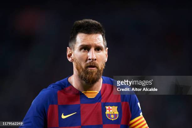 Lionel Messi of FC Barcelona looks on during the Liga match between FC Barcelona and Sevilla FC at Camp Nou on October 06, 2019 in Barcelona, Spain.