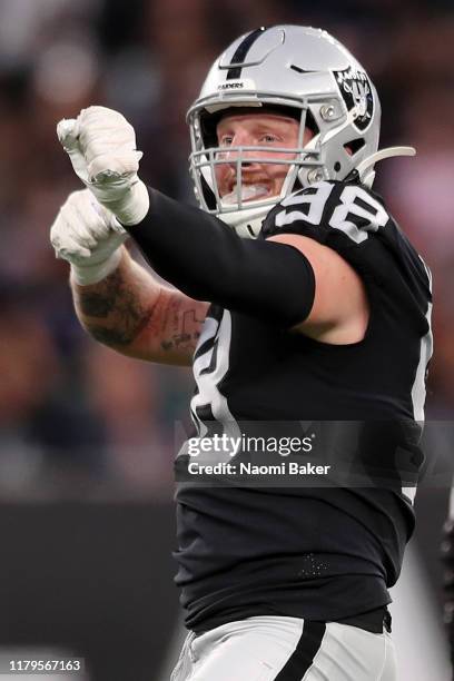 Maxx Crosby of Oakland Raiders celebrates during the game between Chicago Bears and Oakland Raiders at Tottenham Hotspur Stadium on October 06, 2019...