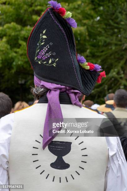 Man with the typical regional costume of Galicia wearing a cap called "monteira" during the San Froilan festivities on October 6, 2019 in Lugo,...