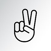 Sign of victory or peace. Hand gesture of human, black line icon. Two fingers raised up. Vector
