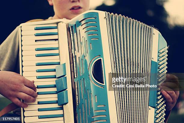 boy playing accordion - accordéon photos et images de collection