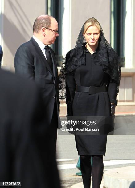 Prince Albert II of Monaco and Charlene Wittstock attend Princess Melanie-Antoinette Funeral at Cathedrale Notre-Dame-Immaculee de Monaco on March...