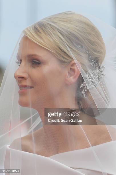 Princess Charlene of Monacoarrives for the religious ceremony of her Royal Wedding to Prince Albert II of Monaco in the main courtyard at Prince's...