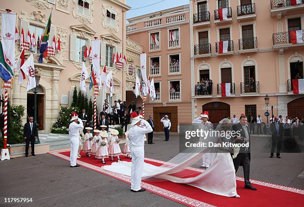 Princess Charlene of Monaco and Michael Kenneth Wittstock arrive at the religious ceremony of the Royal Wedding of Prince Albert II of Monaco to...