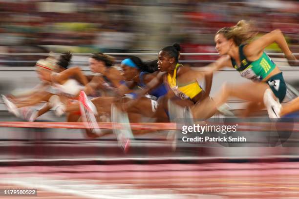 Megan Tapper of Jamaica competes in the Women's 100 metres hurdles semi finals during day ten of 17th IAAF World Athletics Championships Doha 2019 at...