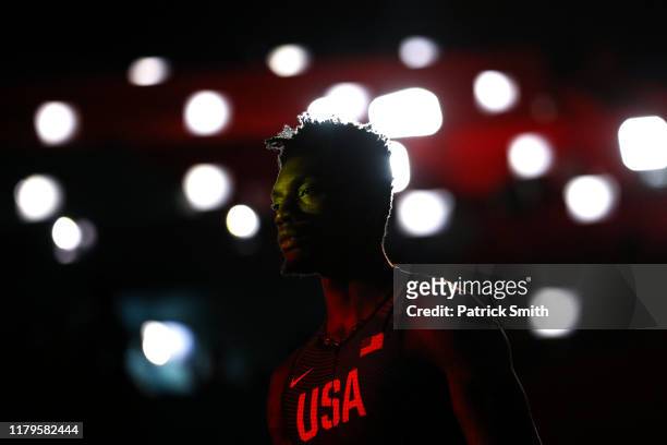 Fred Kerley of the United States reacts prior to competing in the Men's 4x400 metres relay final during day ten of 17th IAAF World Athletics...