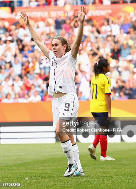 Heather O'Reilly of the USa celebrates her goal during the the FIFA Women's World Cup 2011 Group C match between the USA and Colombia at the Rhein...