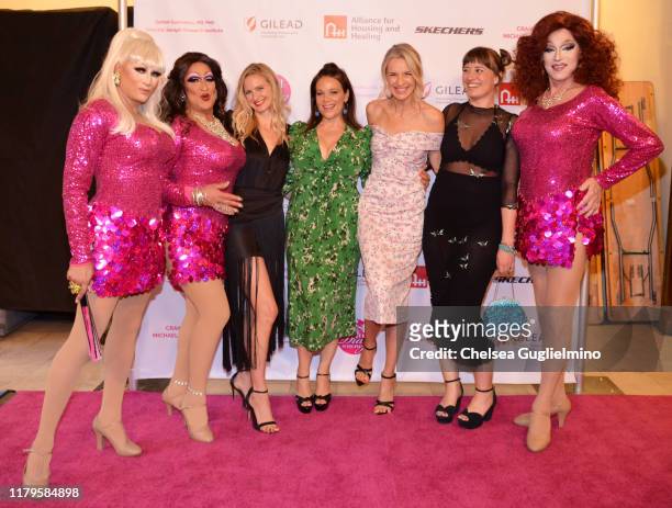 Sorel Carradine, Meredith Salenger, Ever Carradine and Caitlyn Lace pose with The Pinkies at 2019 Best In Drag Benefiting Aid for AIDS at Orpheum...