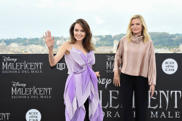 American actresses Angelina Jolie and Michelle Pfeiffer during the photocall of Disney movie Maleficent Mistress of Evil on the terrace of the Hotel...