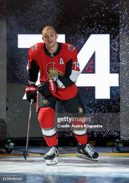 Mark Borowiecki of the Ottawa Senators steps onto the ice during player introductions on opening night against the New York Rangers at Canadian Tire...