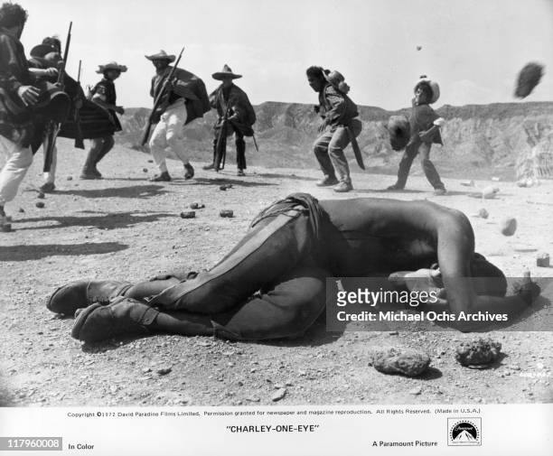 Richard Roundtree is taunted and stoned in a scene from the film 'Charley-One-Eye', 1972.