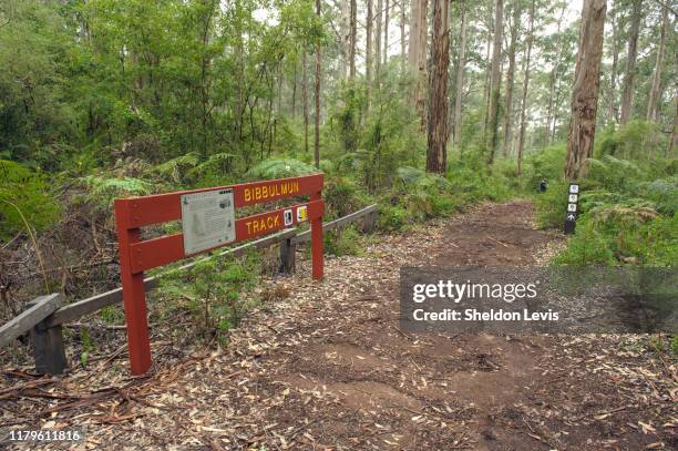 sign alongside the world-renowned bibbulman track near pemberton, in the south-west of western austraila - by sheldon levis stock pictures, royalty-free photos & images