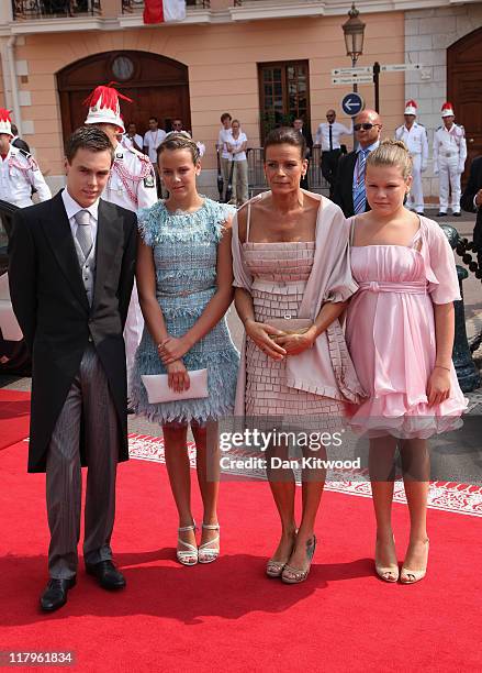 Louis Ducruet, Pauline Ducruet, Princess Stephanie of Monaco and Camille Gotlieb attend the religious ceremony of the Royal Wedding of Prince Albert...