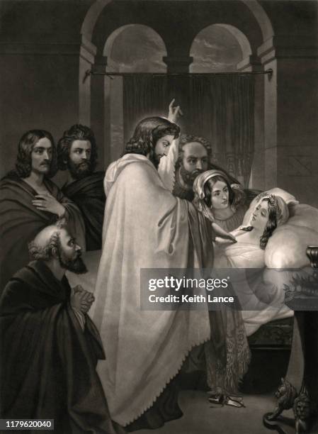 illustrazioni stock, clip art, cartoni animati e icone di tendenza di gesù cristo resuscita la figlia di jairus - images of jesus healing