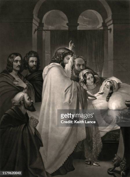 jesus christ resurrects jairus' daughter - healing prayer images stock illustrations