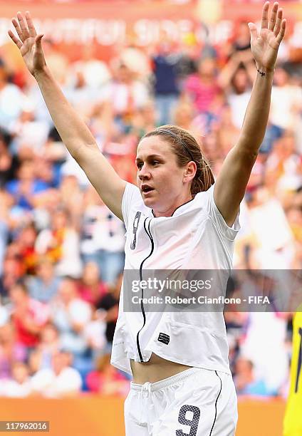 Heather O'Reilly of the USA celebrates her goal during the the FIFA Women's World Cup 2011 Group C match between the USA and Colombia at the Rhein...