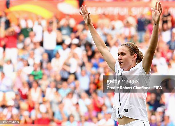 Heather O'Reilly of the USA celebrates her goal during the the FIFA Women's World Cup 2011 Group C match between the USA and Colombia at the Rhein...