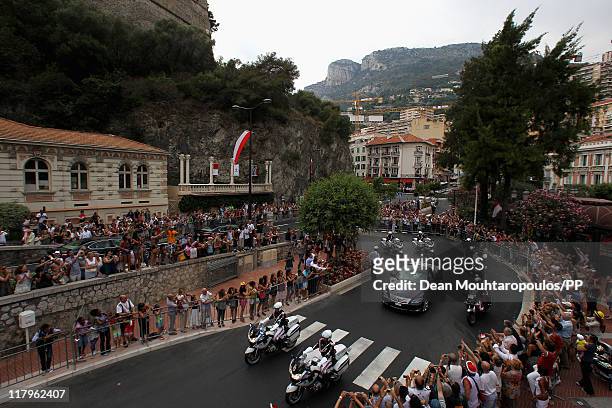 The car drives through the street after the religious ceremony of the Royal Wedding of Prince Albert II of Monaco to Charlene Wittstock on July 2,...