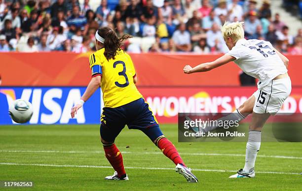 Megan Rapinoe of USA scores her team's second goal during the FIFA Women's World Cup 2011 Group C match between USA and Colombia at...