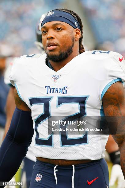 Derrick Henry of the Tennessee Titans enters the field prior to a game against the Buffalo Bills at Nissan Stadium on October 06, 2019 in Nashville,...