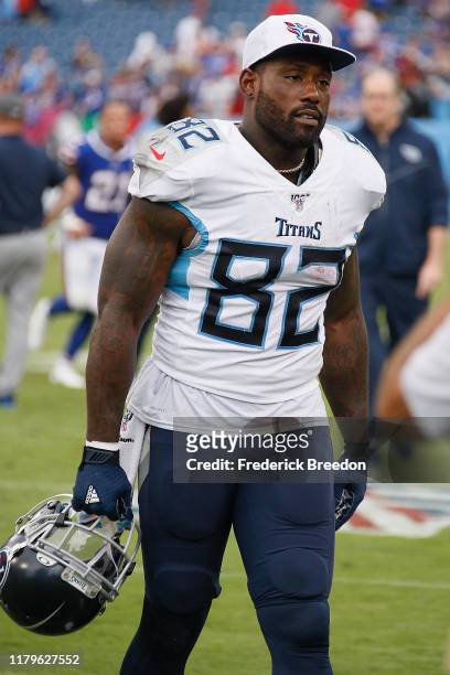 Delanie Walker of the Tennessee Titans leaves the field after a game against the Buffalo Bills at Nissan Stadium on October 06, 2019 in Nashville,...