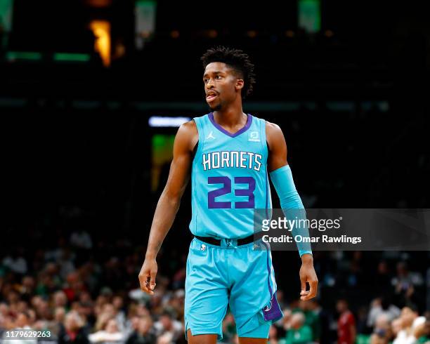 Kobi Simmons of the Charlotte Hornets looks on during the fourth quarter of the game against the Boston Celtics at TD Garden on October 06, 2019 in...