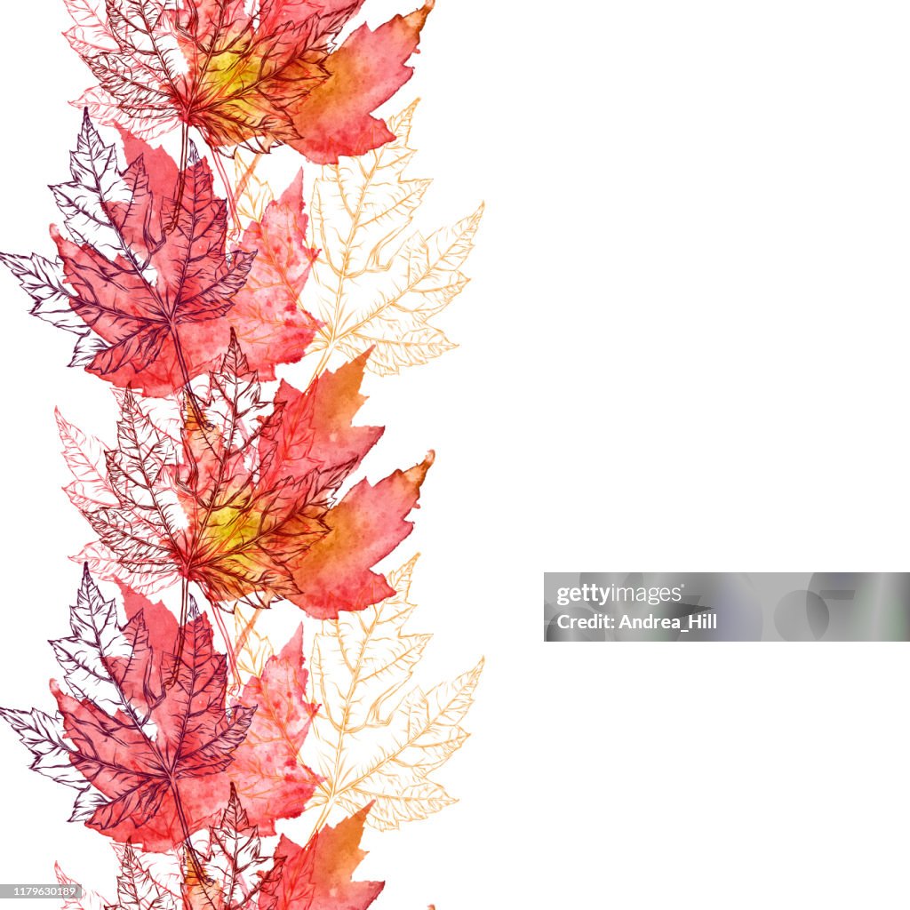 Maple Leaf Vector Watercolor and Ink Seamless Pattern with Copy Space