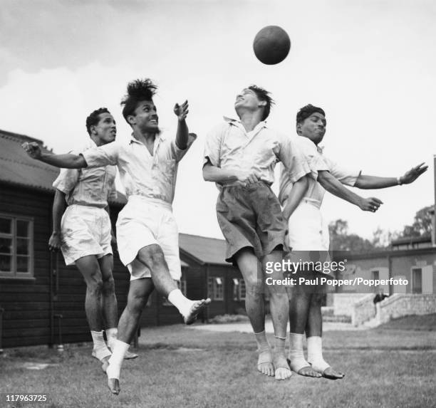 Indian footballers training barefoot at the Olympic training centre at Uxbridge, Middlesex, during the London Olympics, August 1948.