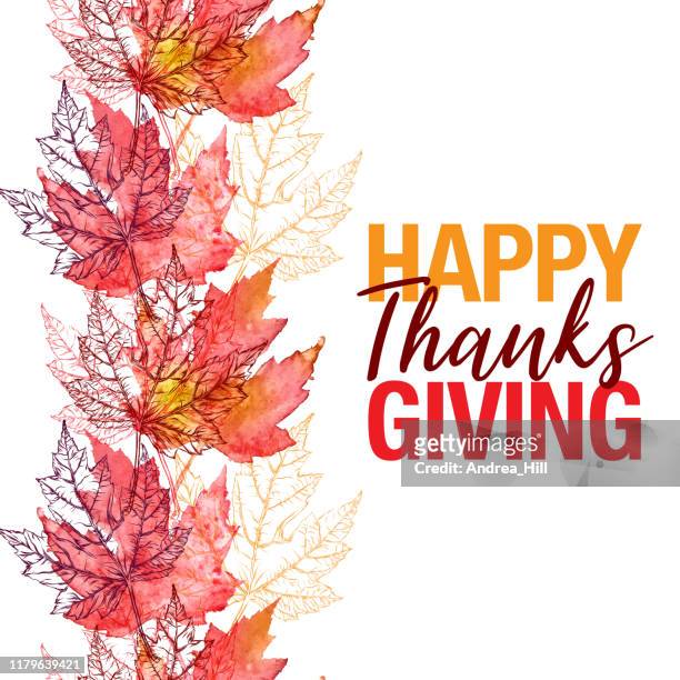 maple leaf vector watercolor and ink seamless pattern with happy thanksgiving greeting - canada stock illustrations