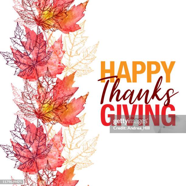 maple leaf vector watercolor and ink seamless pattern with happy thanksgiving greeting - watercolor thanksgiving stock illustrations
