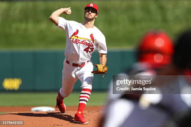 Dakota Hudson of the St. Louis Cardinals delivers the pitch against the Atlanta Braves during the first inning in game four of the National League...