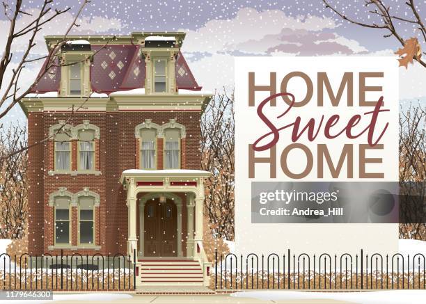 victorian house in the winter with home sweet home text and copy space - home sweet home stock illustrations