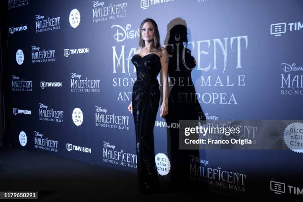 Angelina Jolie attends the european premiere of the movie "Maleficent – Mistress Of Evil" at Auditorium della Conciliazione on October 07, 2019 in...