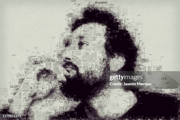 newspaper portrait of thinking man - topnews foto e immagini stock