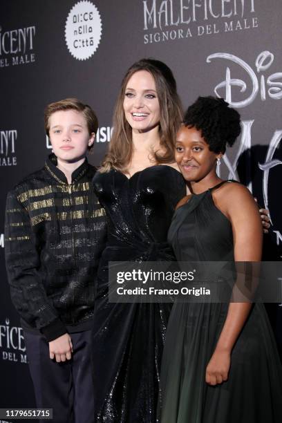 Shiloh Nouvel Jolie-Pitt, Angelina Jolie and Zahara Marley Jolie-Pitt attend the European premiere of the movie "Maleficent – Mistress Of Evil" at...