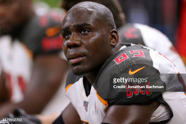 Demar Dotson of the Tampa Bay Buccaneers reacts during a game against the New Orleans Saints at the Mercedes Benz Superdome on October 06, 2019 in...