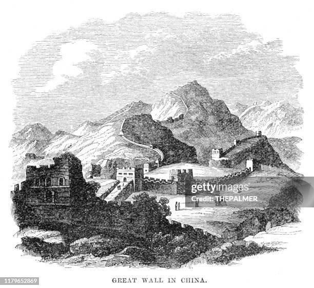 great wall of china engraving 1868 - great wall of china stock illustrations