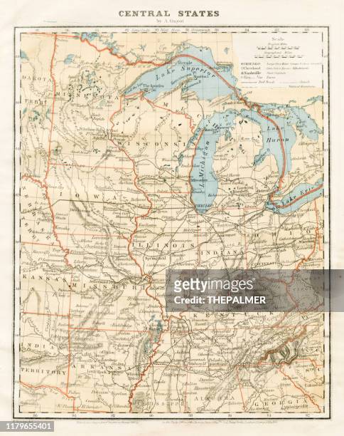 map central states 1868 - illinois v wisconsin stock illustrations