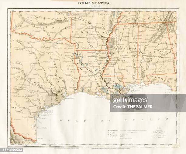 stockillustraties, clipart, cartoons en iconen met kaart van de golfstaten 1868 - mississippi v texas