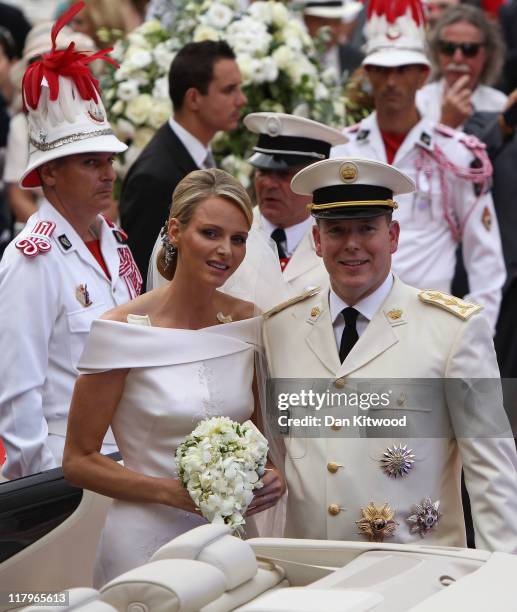 Princess Charlene of Monaco and Prince Albert II of Monaco make their journey to Sainte Devote church after their religious wedding ceremony at the...